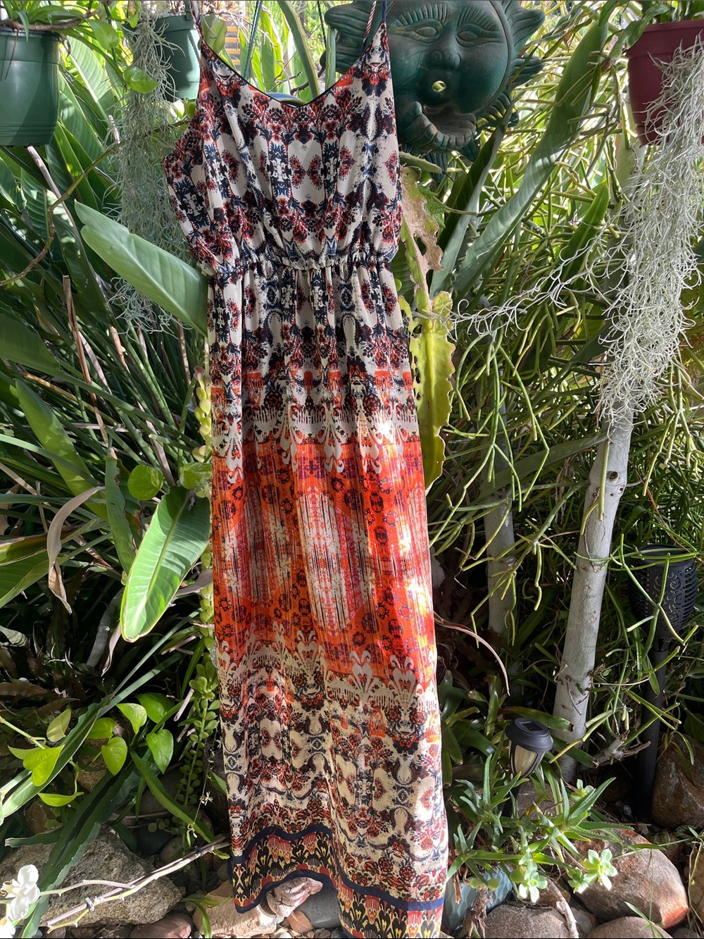 Bohemian Orange Patterned Maxi Dress - Sleeveless Summer Slip